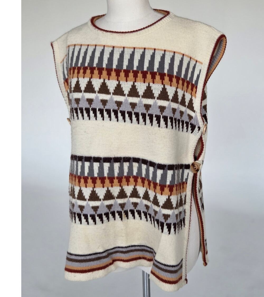 Vintage 70s Herald Place Southwestern Toggle Sweater Vest Geometric Knit Med